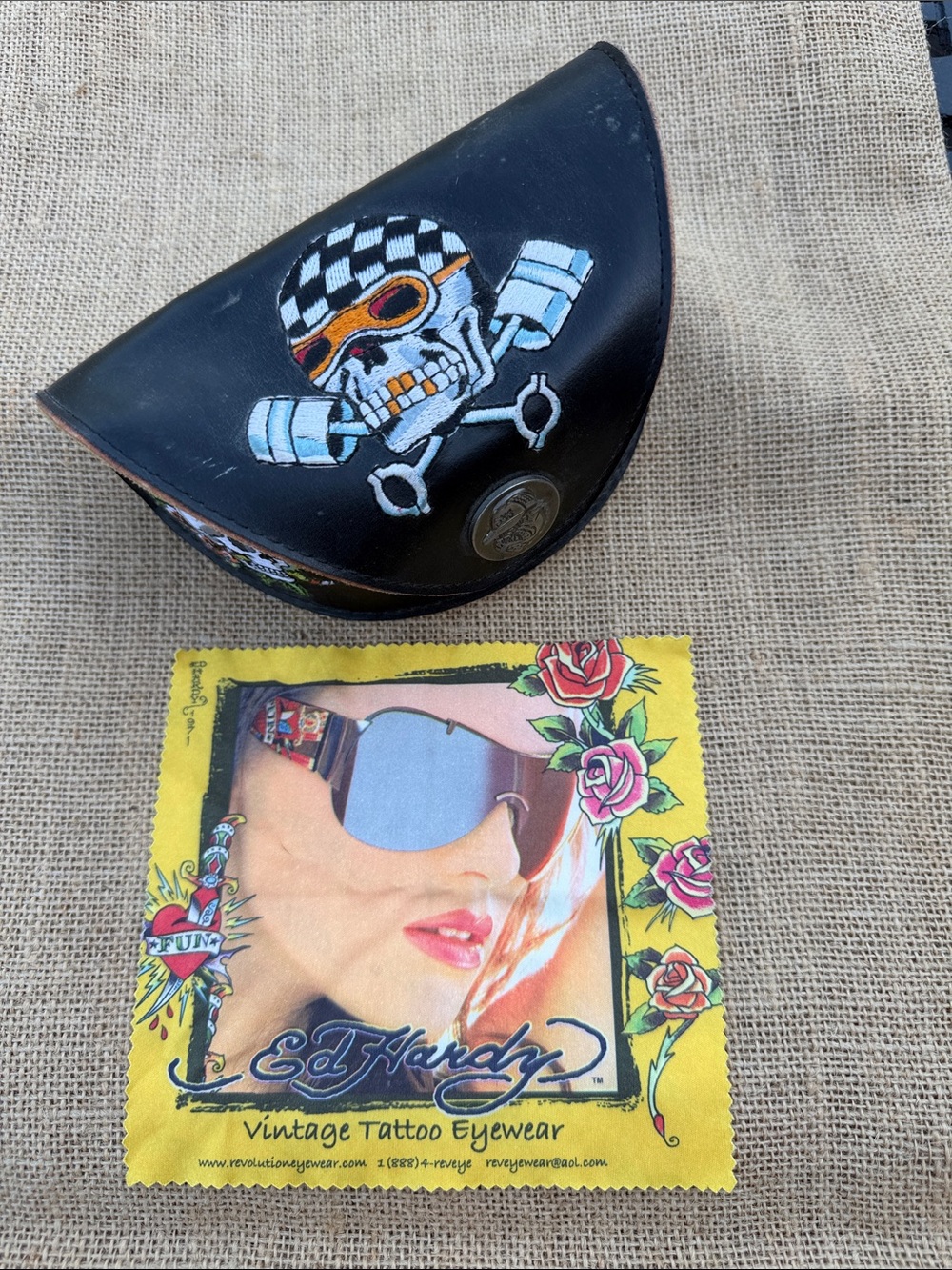 Ed Hardy Black Leather Sunglass Pouch with Tattoo Skull Motif